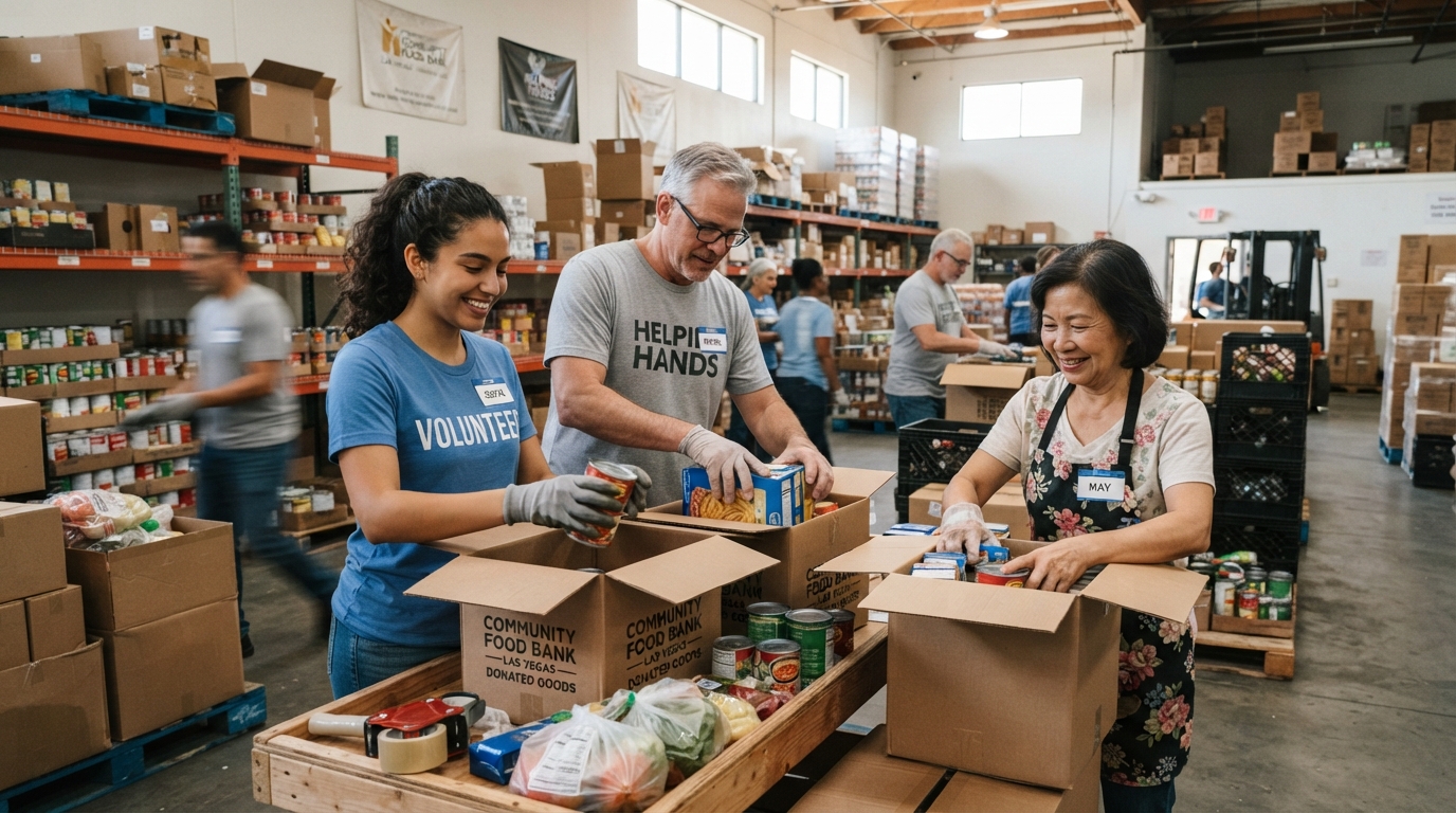 A diverse group of volunteers including a young Hispanic woman, a middle-aged white man, and an older Asian woman packing boxes of food at a Las Vegas community food bank