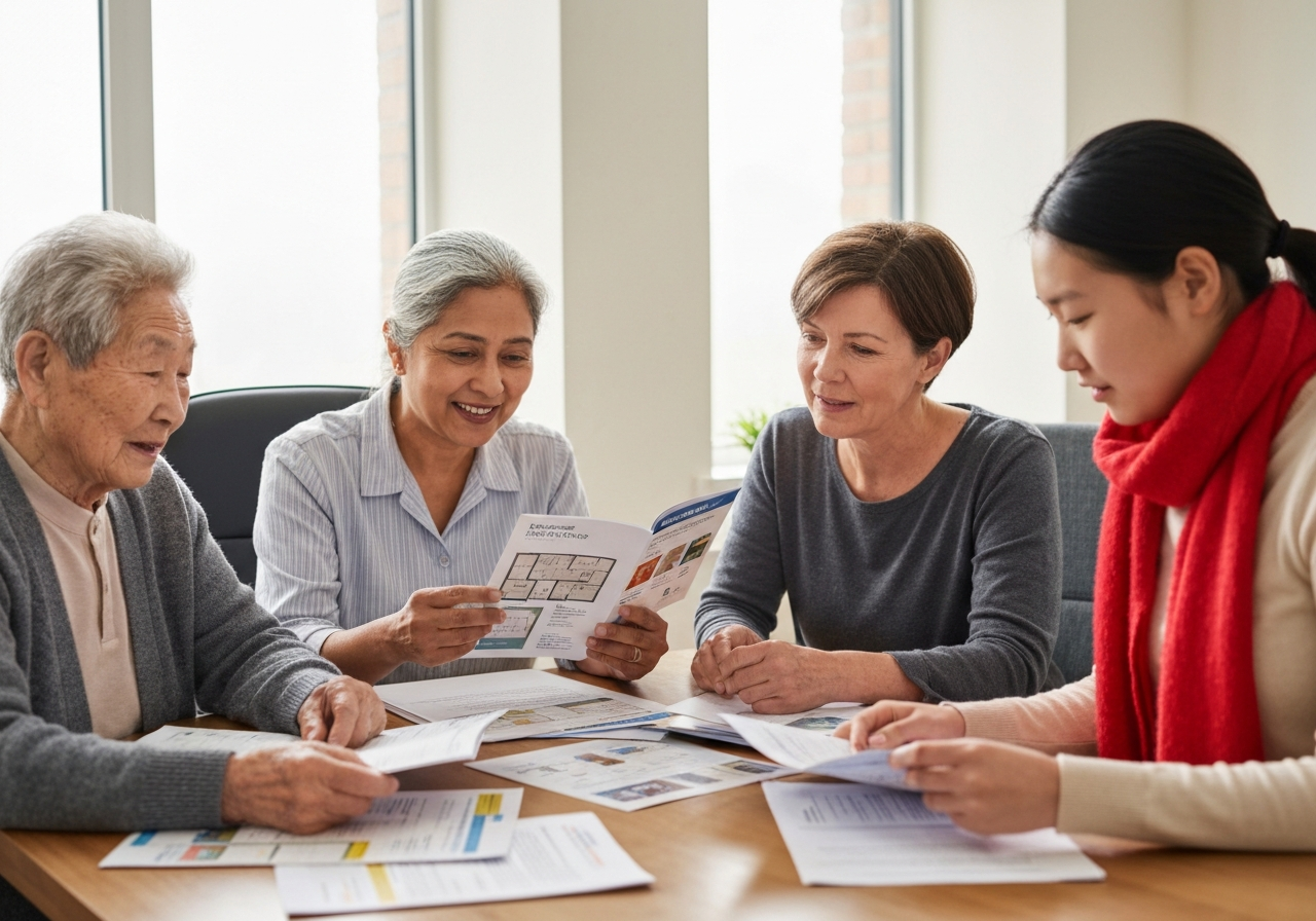 Senior placement advisor meeting with family members around a table reviewing brochures, floor plans, care options, and pricing information.