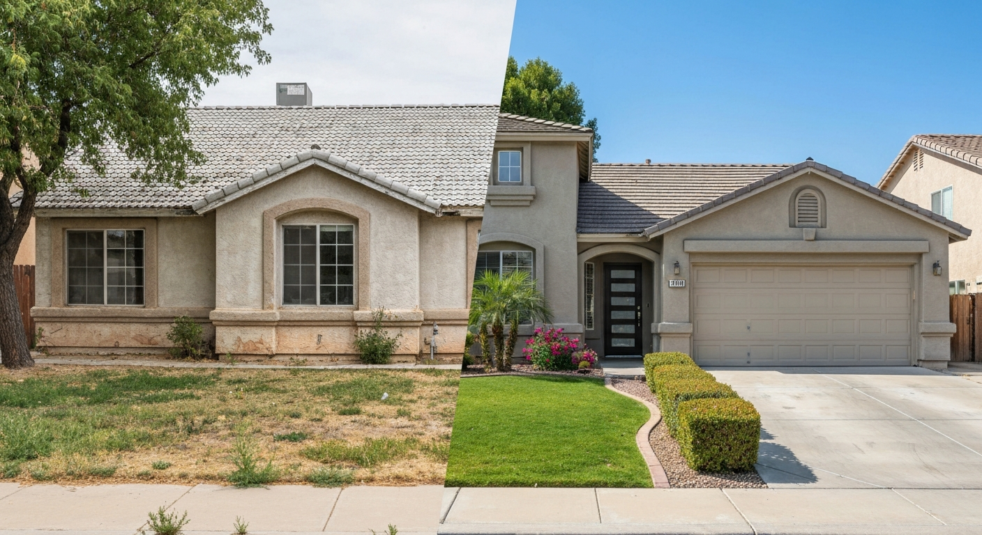 Side by side comparison of a dated home vs an updated home in Las Vegas