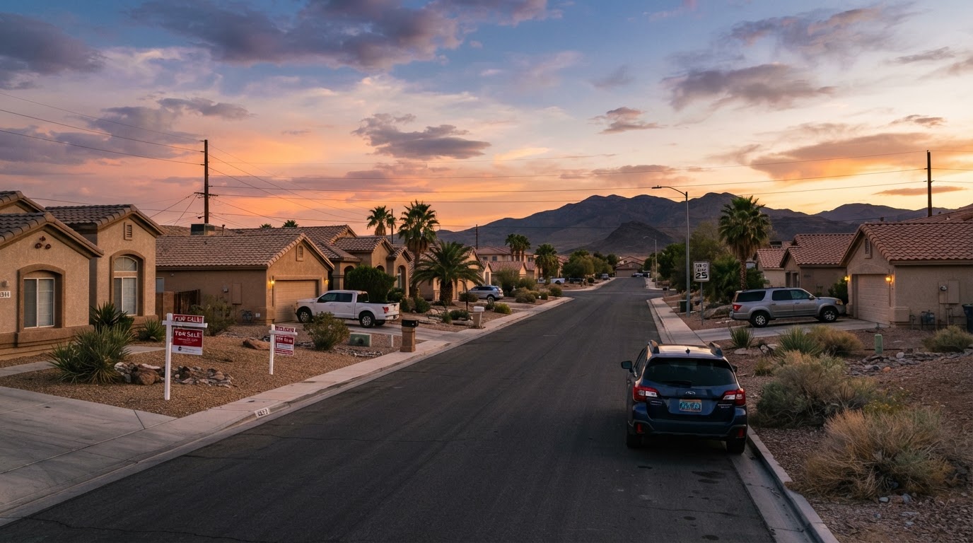 A Las Vegas residential street at early evening showing a mix of for-sale signs on front lawns, desert landscaping, stucco homes, warm Nevada sunset colors