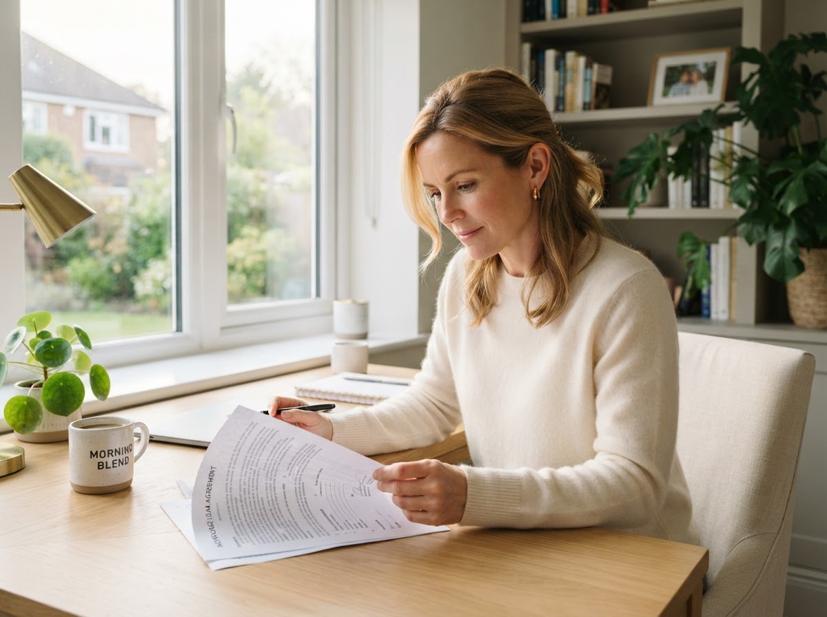 Woman reviewing a mortgage document at a bright home office desk with a calm, focused expression