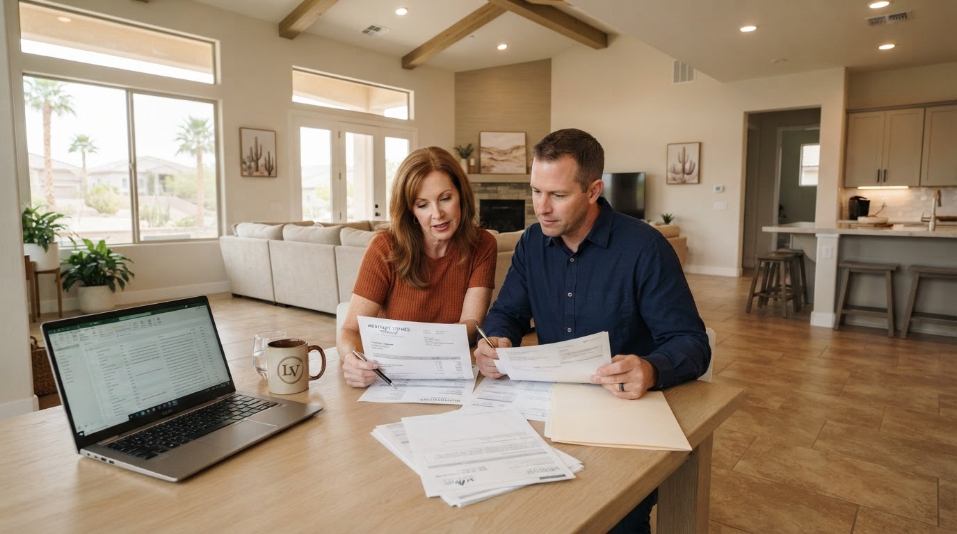 Two adults reviewing household paperwork and a property valuation document together at a bright Las Vegas-area dining table.