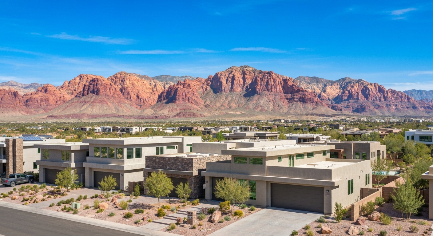 Modern luxury homes in Redpoint Summerlin West Las Vegas Nevada with Red Rock Canyon backdrop