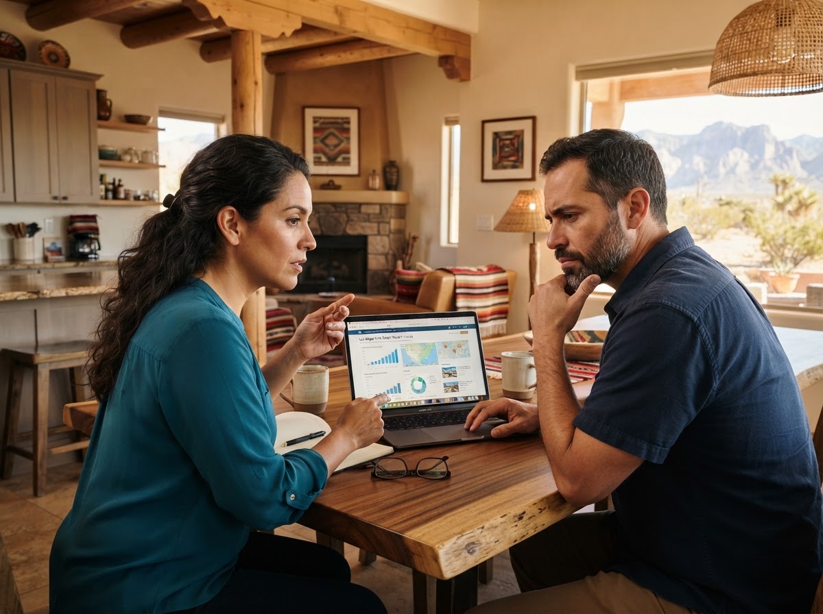 Diverse Las Vegas couple reviewing real estate market data on a laptop at a kitchen table, considering buying a home in Clark County Nevada