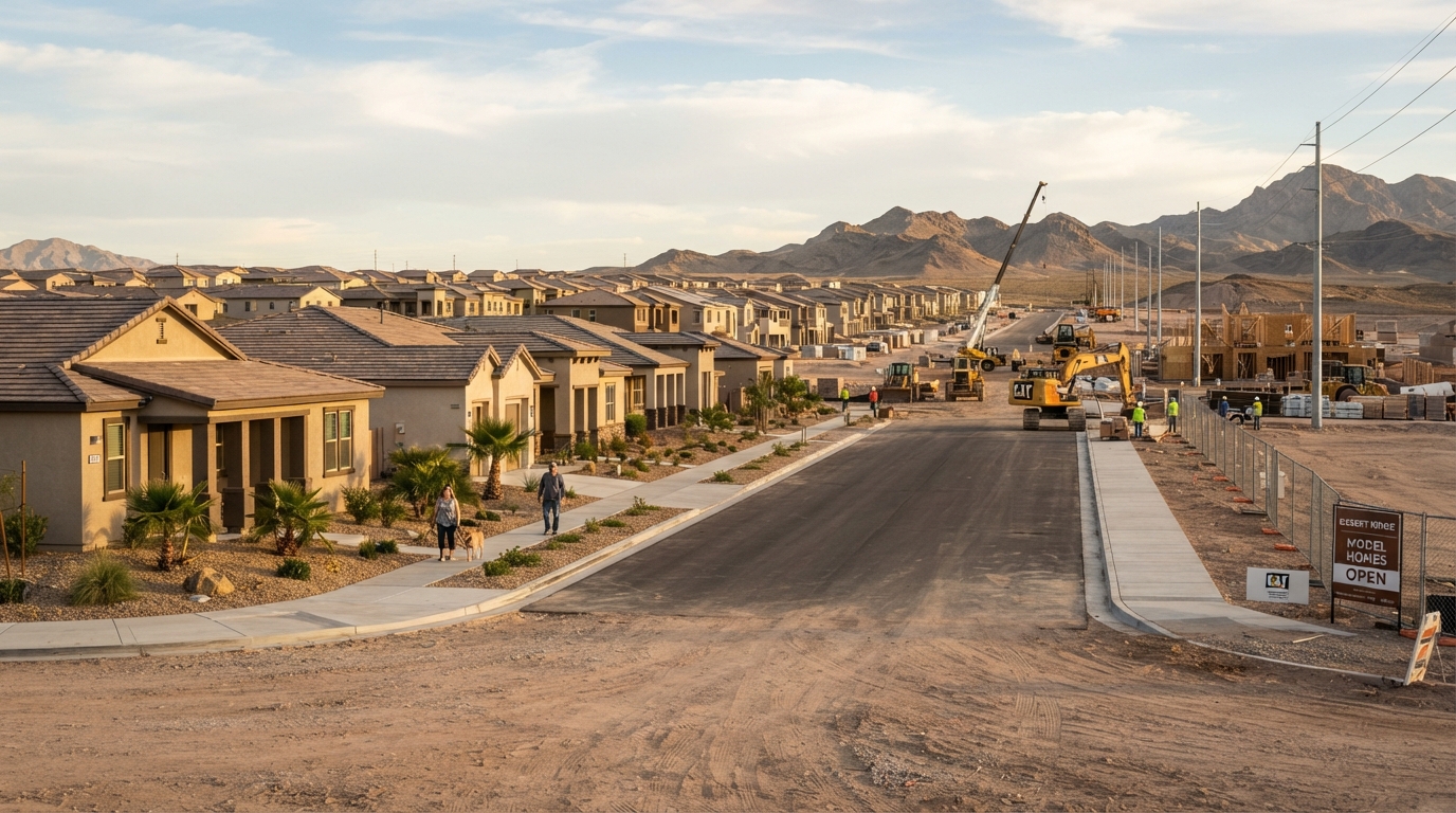 Enterprise southwest Las Vegas new construction community with rows of recently built single-family homes and modern Southwest architecture