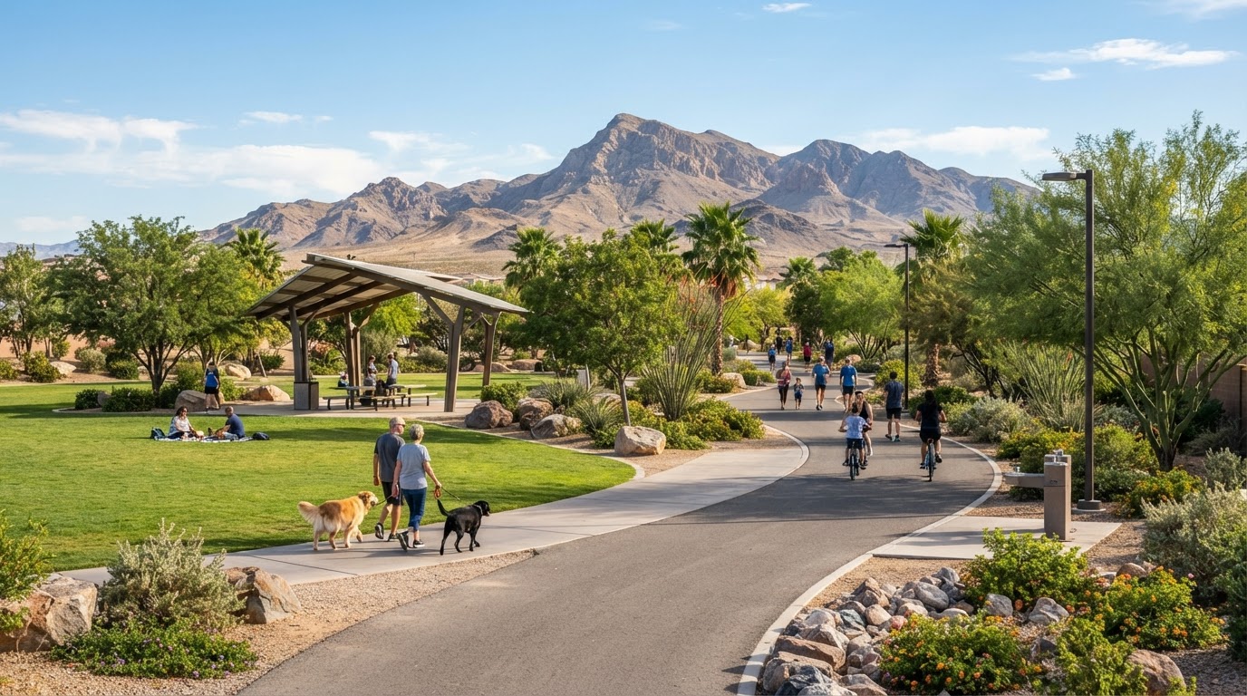 Landscaped community park with walking trails in Henderson, Las Vegas Nevada