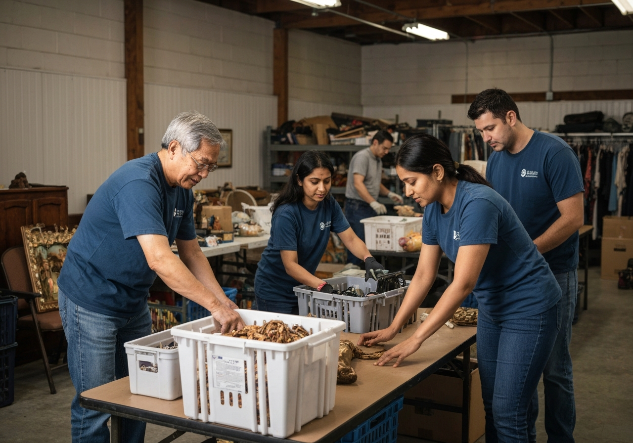 Estate liquidation team actively working, sorting, organizing, packing