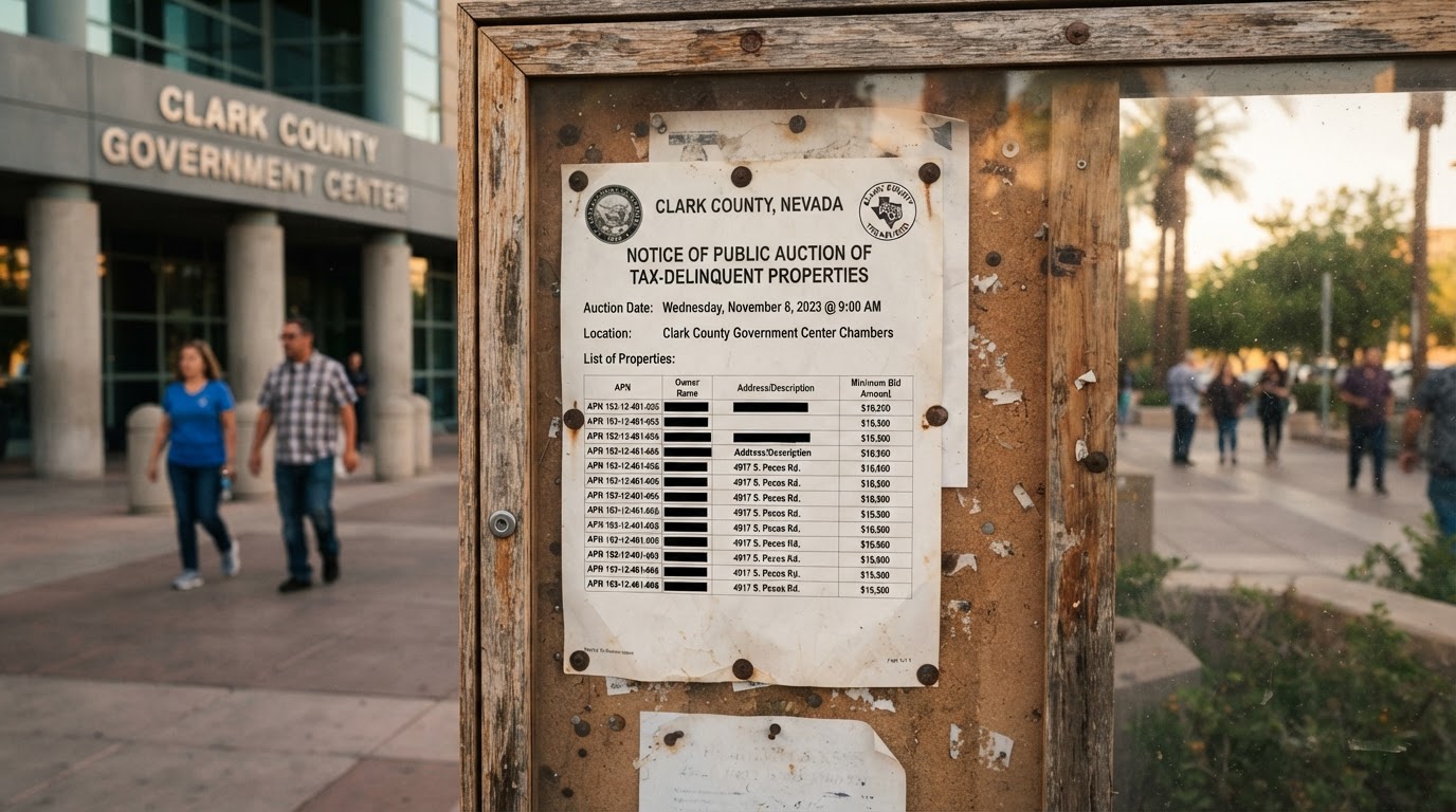 A close-up of a Clark County Nevada property auction notice posted on a public bulletin board outside a government building, with a few people walking by in the background