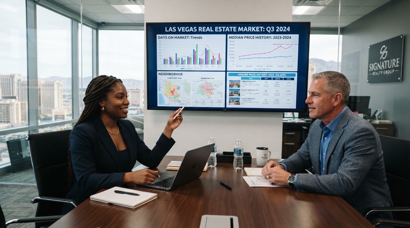 A real estate professional reviewing listing analytics and market data on a large screen with a client, showing days on market and price trend charts