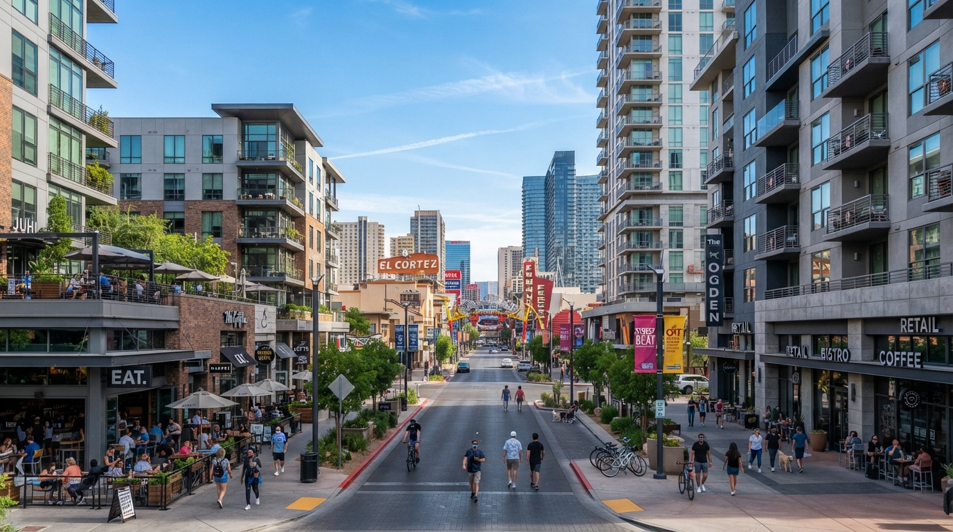 Downtown Las Vegas urban residential streetscape with mixed-use development