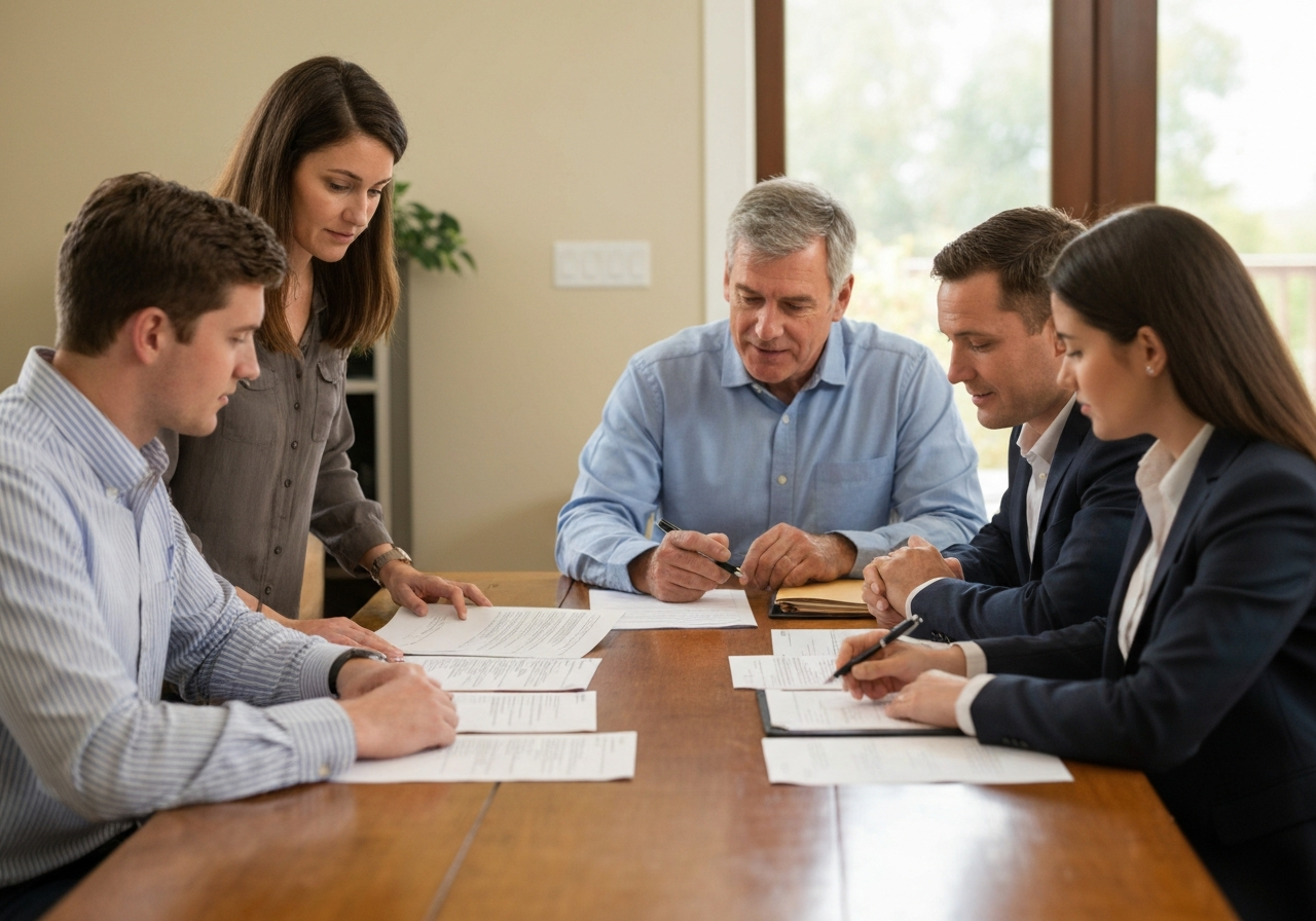 Adult children, executor, and advisor reviewing estate documents