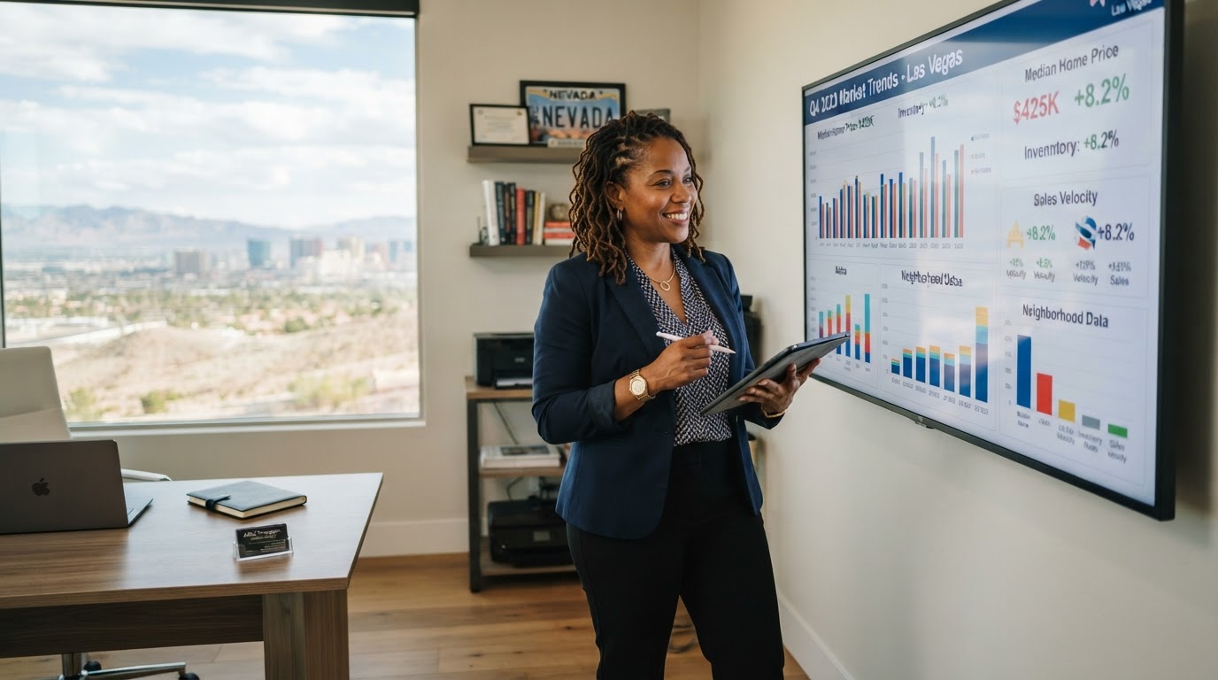 An African American woman in her 40s, a real estate professional, standing confidently in a modern Las Vegas home office reviewing market data charts on a large wall display