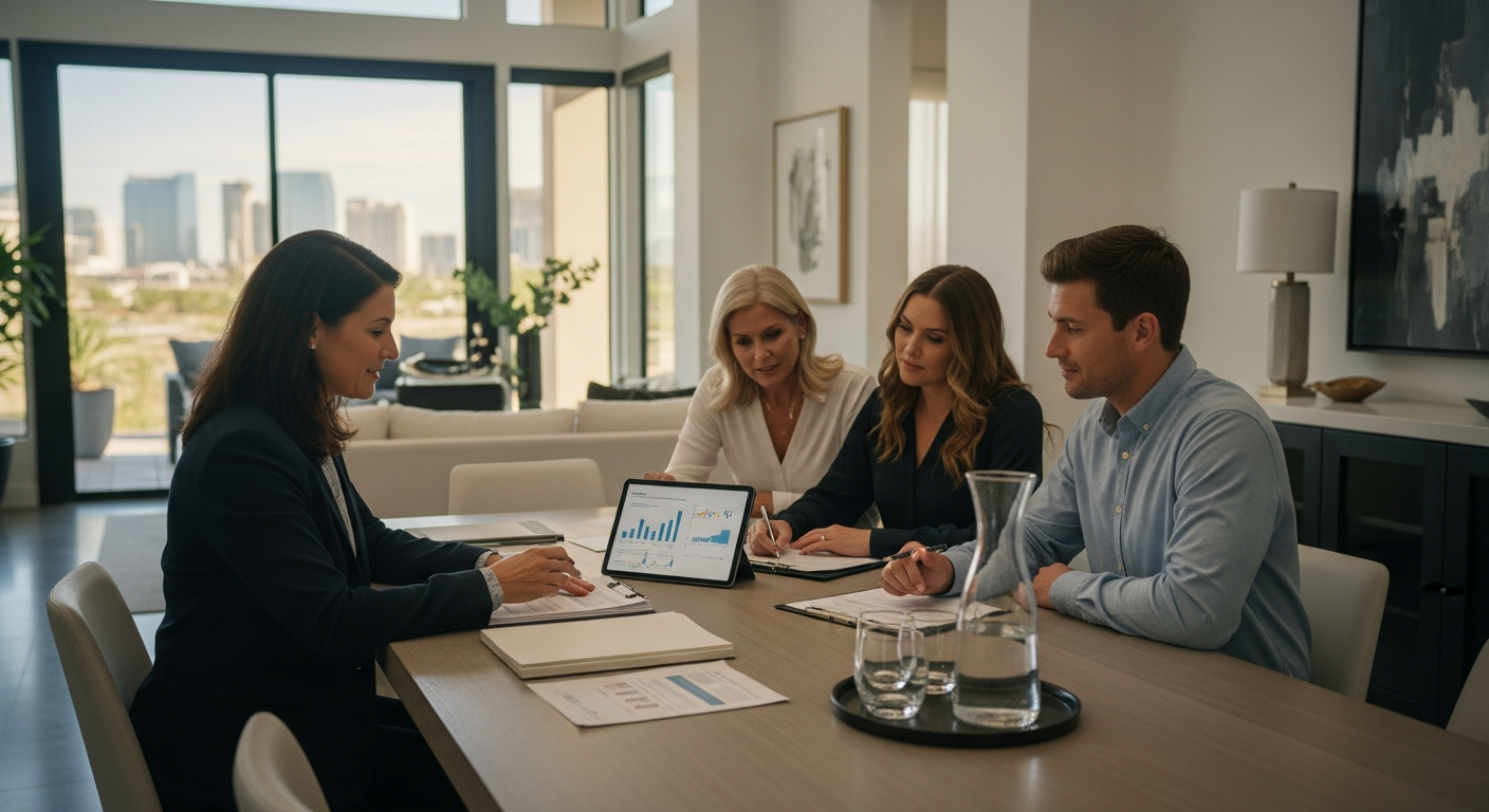Professional real estate strategy meeting in a bright Las Vegas home, discussing inherited property options