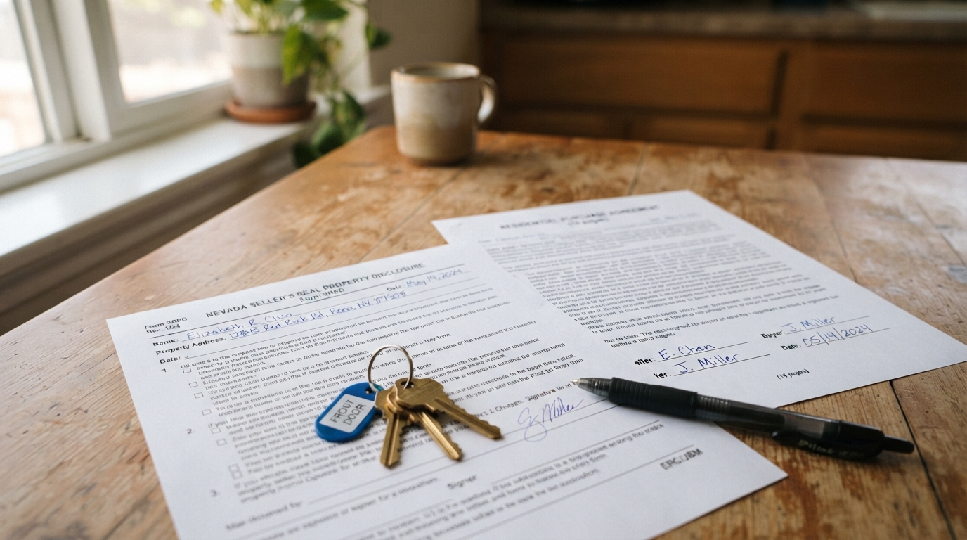 Close-up of a Nevada Seller Real Property Disclosure form and a real estate contract on a kitchen table next to house keys and a pen