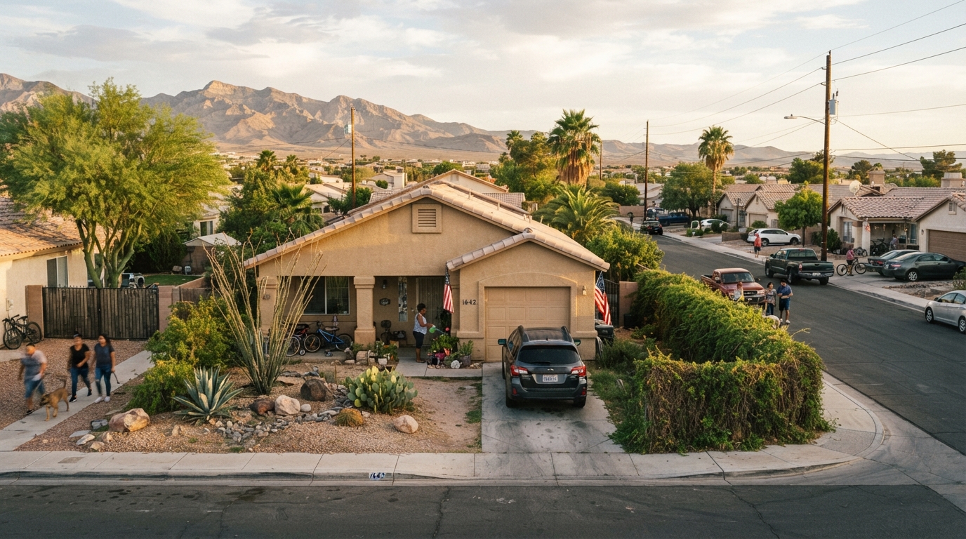A diverse Las Vegas neighborhood street at golden hour with a Southwest-style single-story home, desert landscaping, and a parked car in the driveway