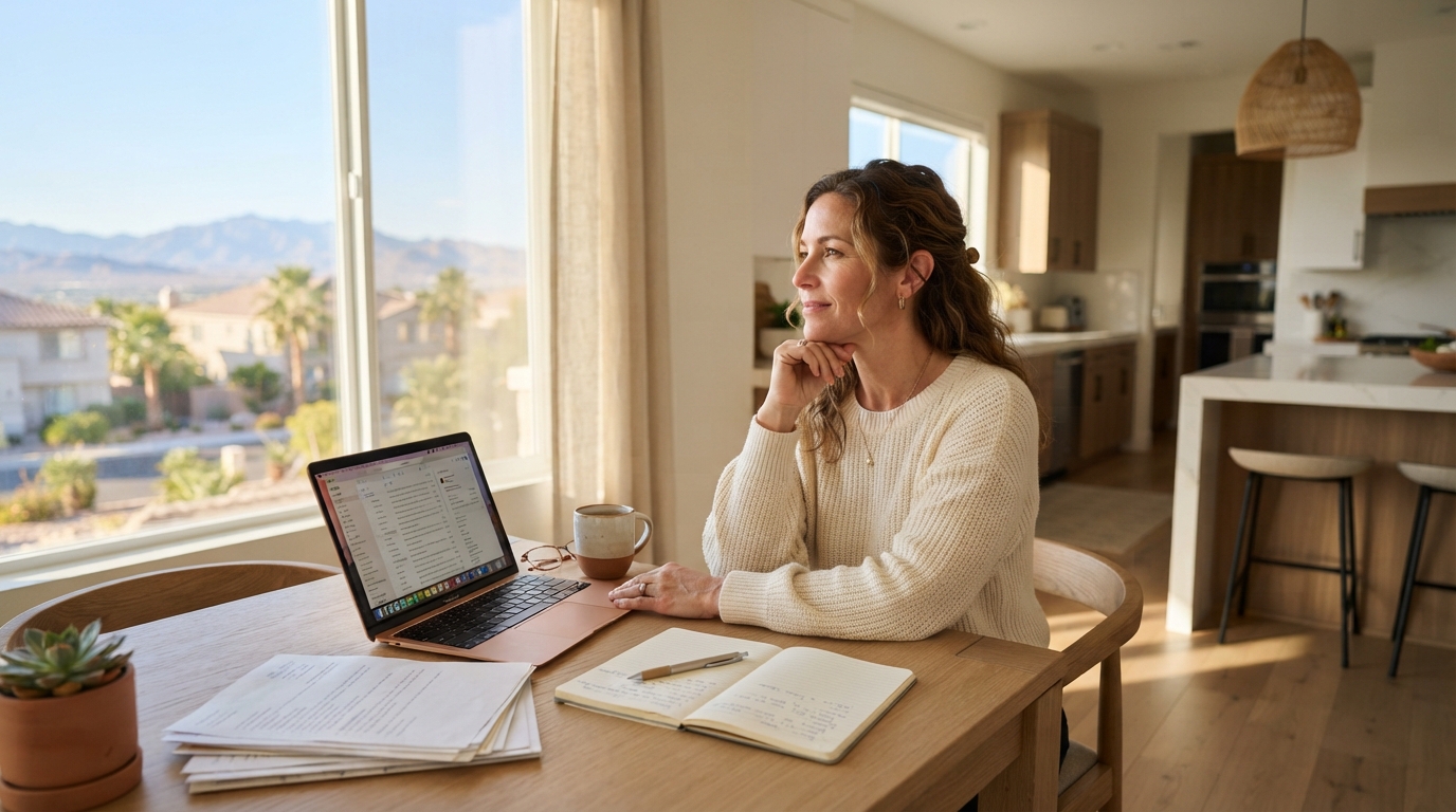 Homeowner at a kitchen dining table in a modern Las Vegas home reviewing financial documents and property options