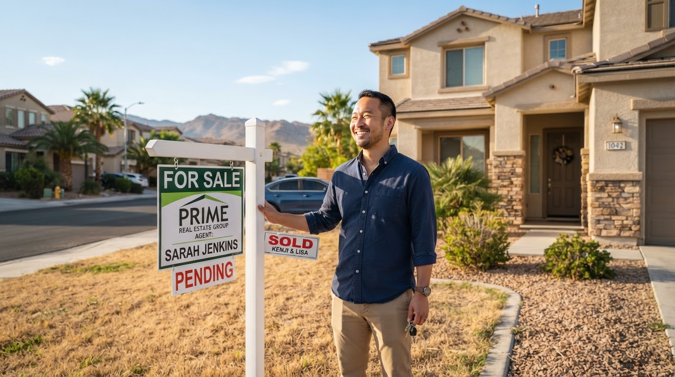 An Asian American man in his 30s standing in front of a Las Vegas home with a For Sale sign in the yard, looking hopeful and relieved
