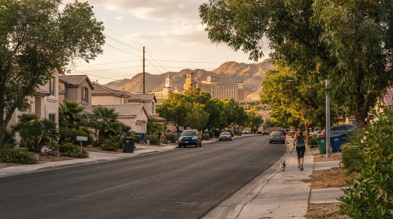 Green Valley Ranch community in Henderson Nevada with mature tree-lined streets, established landscaping, and the Green Valley Ranch Resort visible in the distance