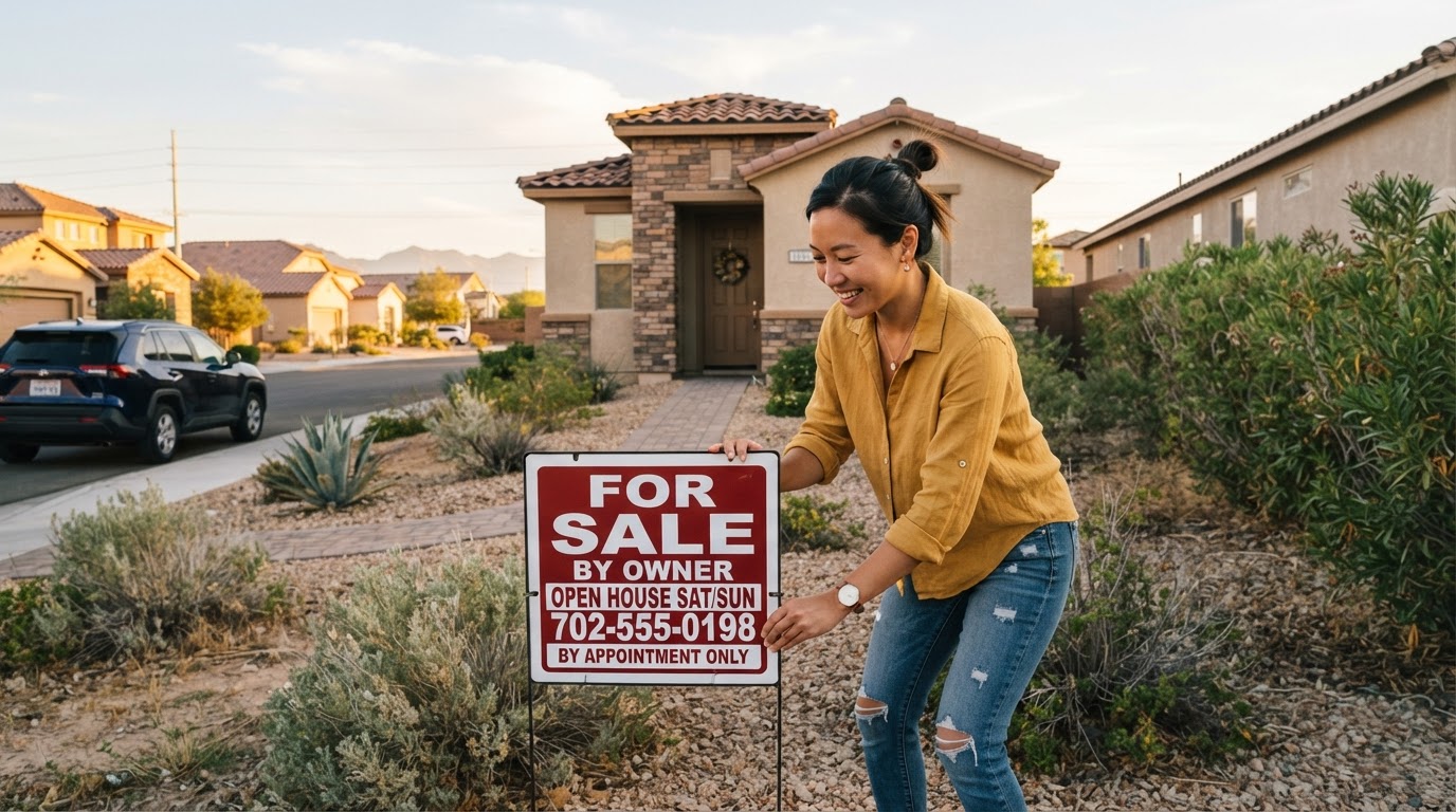 An Asian American woman in her 30s placing a <a href="/fsbo-las-vegas" class="text-primary font-semibold hover:underline transition-colors" data-auto-link="/fsbo-las-vegas">For Sale By Owner</a> sign in the front yard of a Southwest-style Las Vegas home