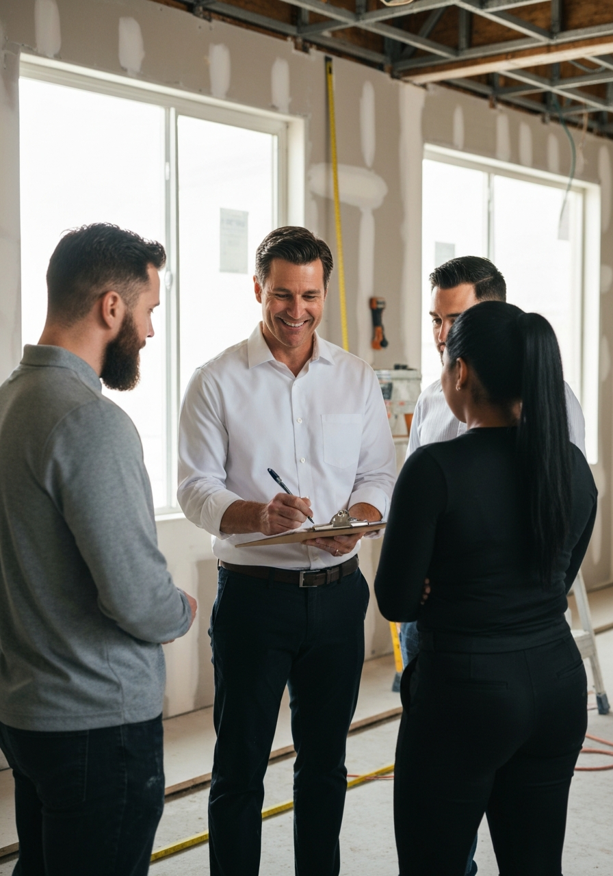 Realtor reviewing renovation plans with investors