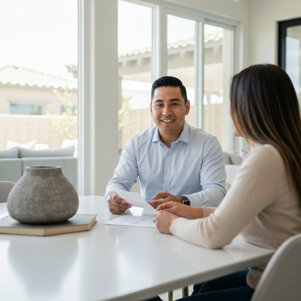 Professional real estate advisor reviewing a strategic cash offer with a homeowner
