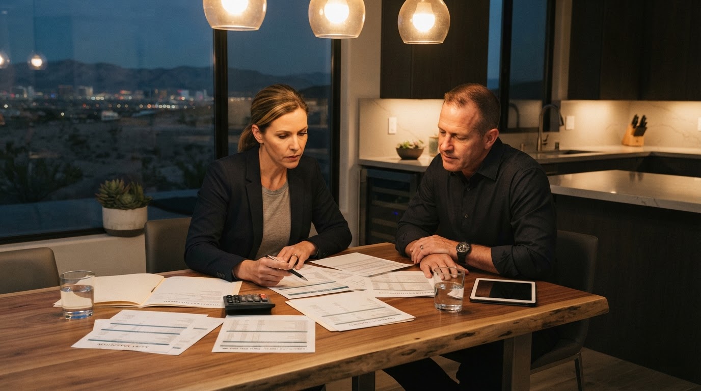 Two people at a kitchen table reviewing real estate and financial documents together during evening discussion about property division