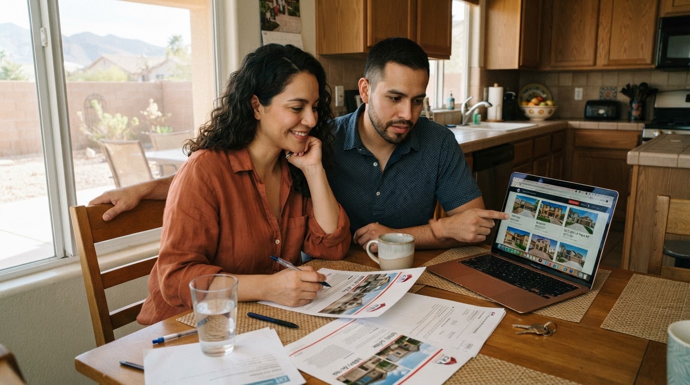 A Latino couple in their 30s sitting together at a kitchen table in a Southwest-style Las Vegas home, reviewing printed real estate listing sheets and a laptop showing home prices