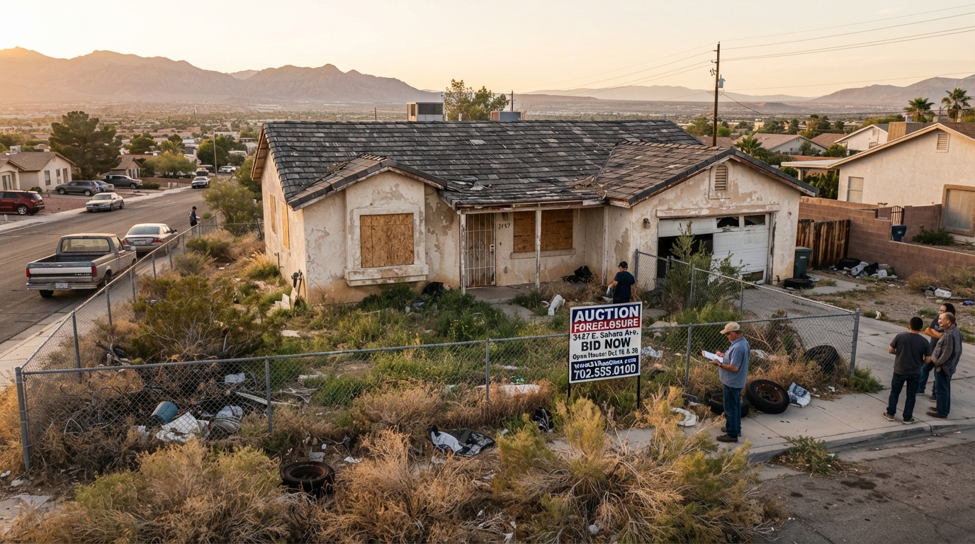 A distressed Las Vegas residential property exterior showing deferred maintenance, overgrown desert landscaping, weathered roof, faded paint on a Southwest-style stucco home