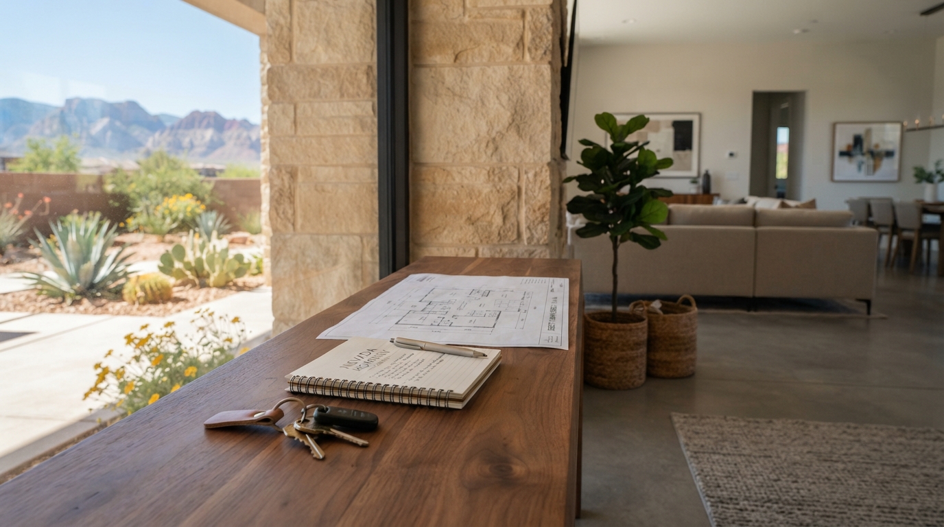 House keys resting beside notebook and property valuation document on a light wooden table