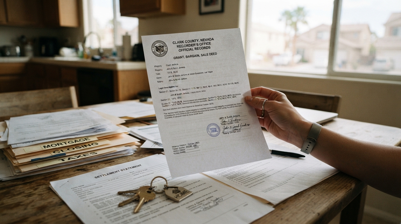A hand holding a property deed document on a kitchen table covered with legal papers and house keys in a Las Vegas home