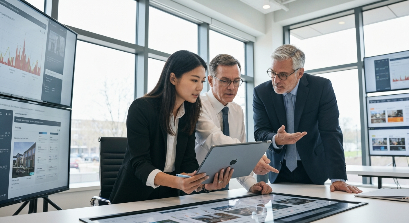 Real estate team reviewing market data on a tablet in a modern war room