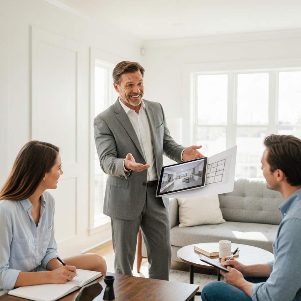 Real estate advisor discussing renovation plans with homeowners