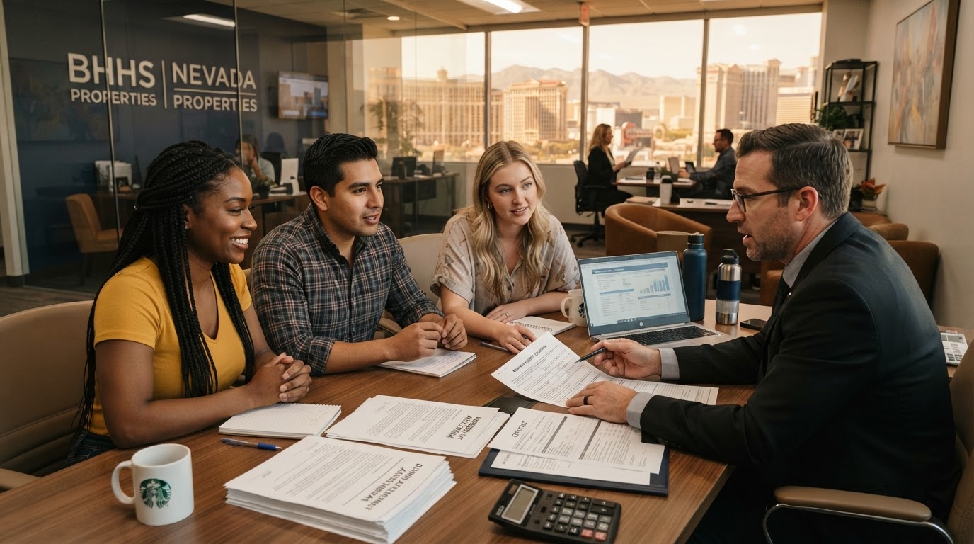 Diverse group of first-time home buyers reviewing down payment assistance program documents with a real estate agent in a Las Vegas office