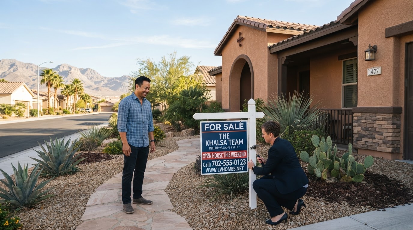 A fresh For Sale sign being placed in the front yard of a well-maintained Southwest-style Las Vegas home with desert landscaping, a homeowner looking hopeful nearby