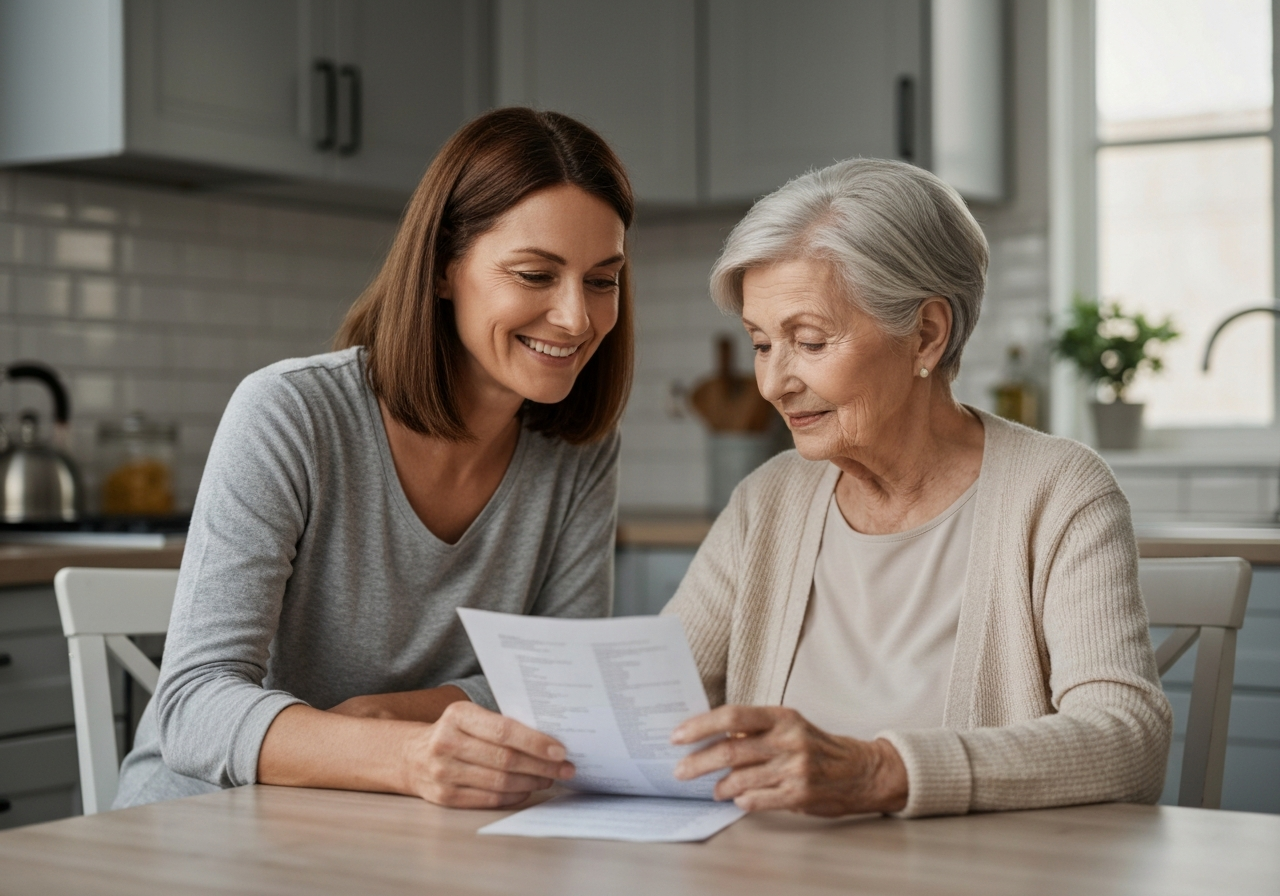 Adult daughter sitting with elderly mother reviewing medications at kitchen table