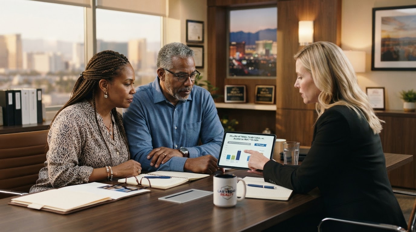 A Black couple in their 50s sitting with a Las Vegas realtor at a conference table, reviewing a comparison chart of <a href="/compare-selling-options-las-vegas" class="text-primary font-semibold hover:underline transition-colors" data-auto-link="/compare-selling-options-las-vegas">selling options</a> on a tablet
