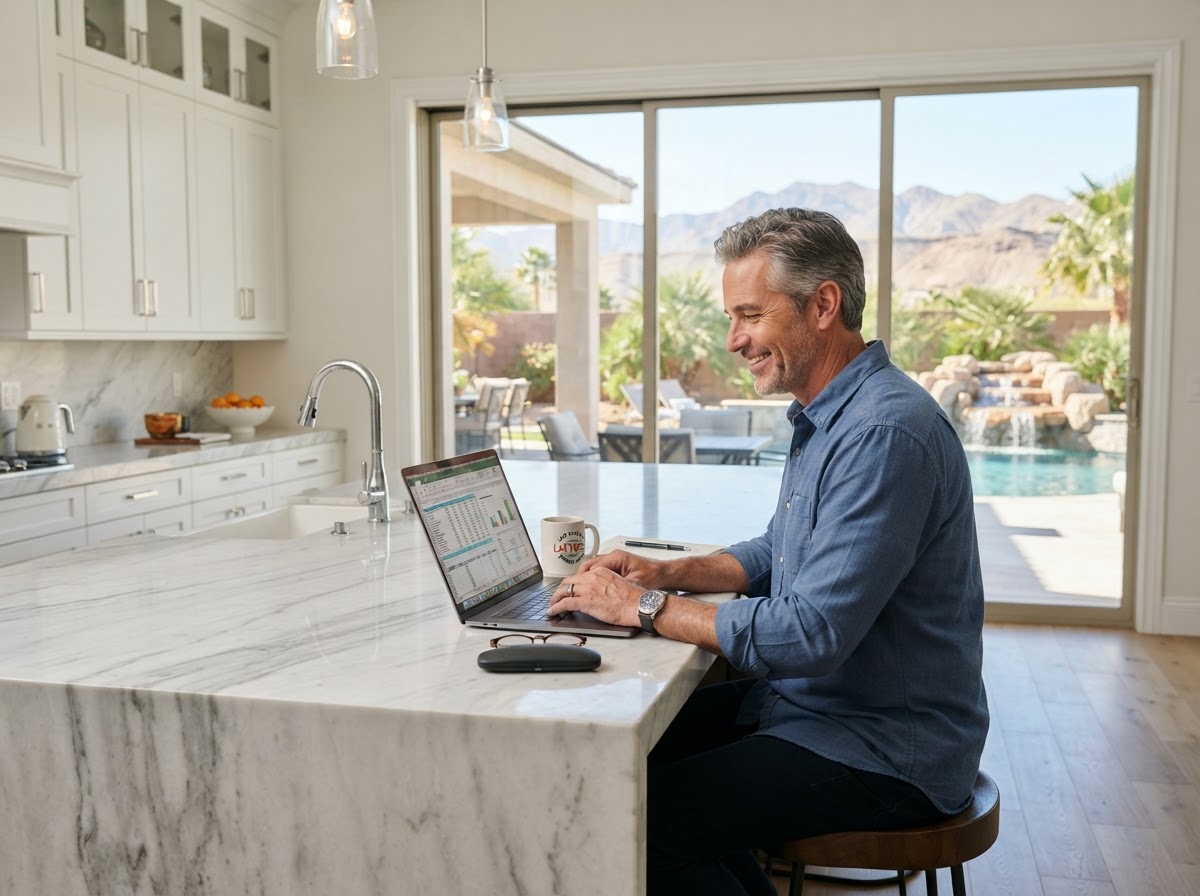 Man typing numbers into a laptop at a bright kitchen island with a Las Vegas backyard visible through sliding glass doors