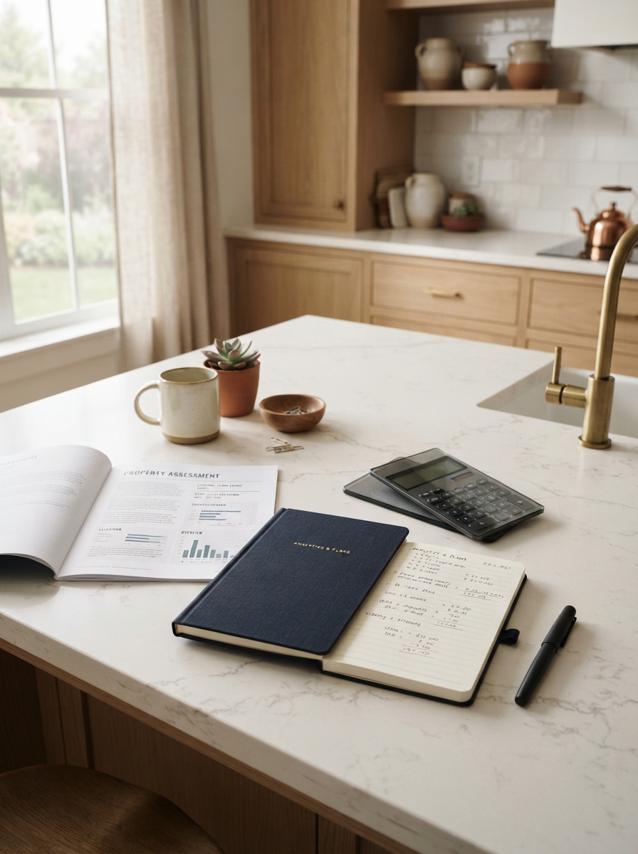 Bright kitchen island with notebook, calculator, pen and generic property document representing divorce home value and equity analysis