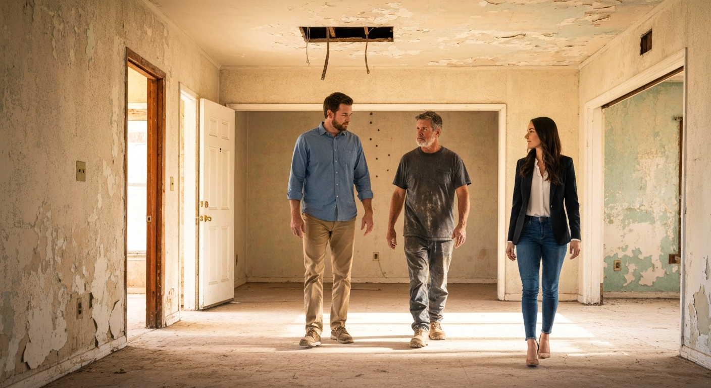 Investor, contractor and Realtor walking through a distressed property