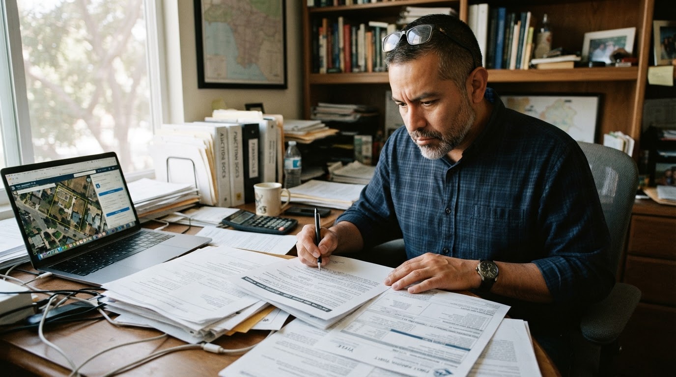 A Latino man in his 40s reviewing property auction documents and a title report at a desk, focused and serious expression, natural indoor lighting