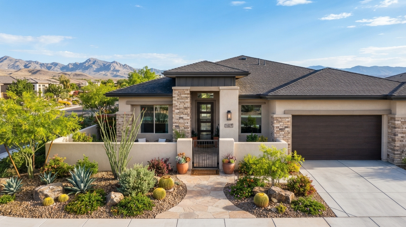 Attractive Southern Nevada residential entryway in bright daylight representing divorce home options of sell, keep or wait