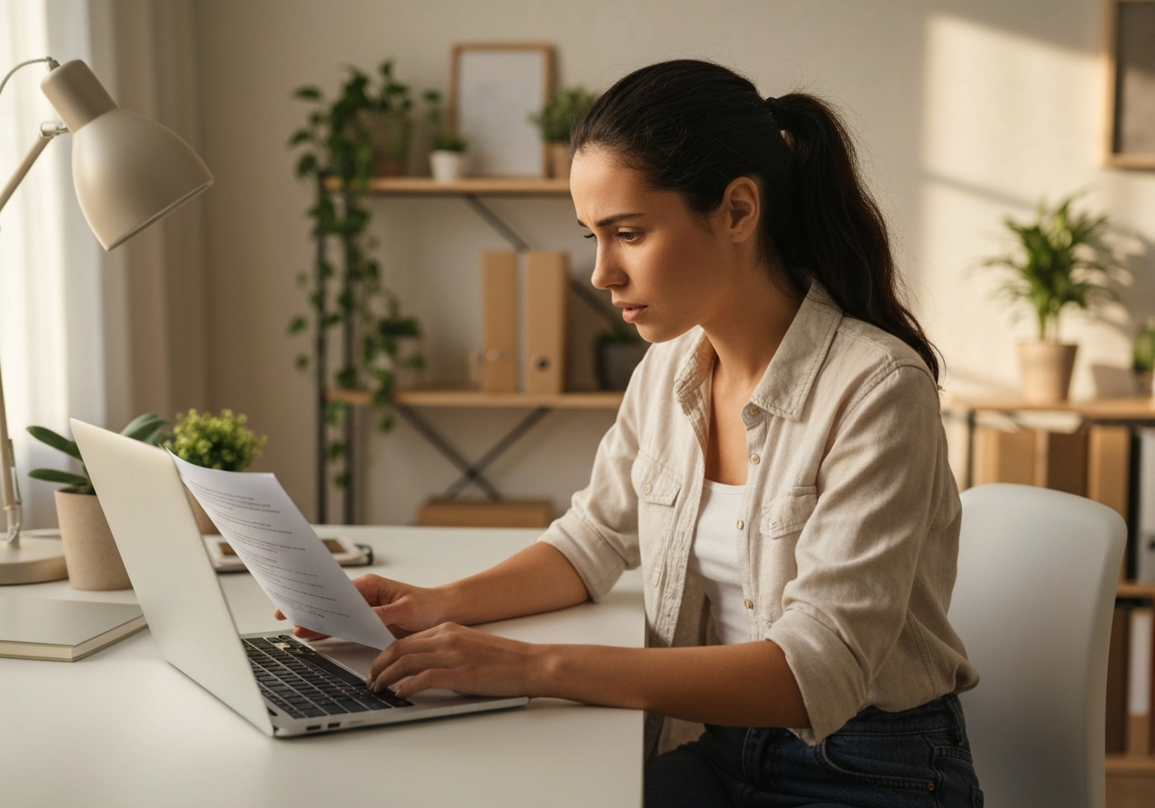 Adult daughter sitting at a desk with a laptop, remotely coordinating her parent's property transition from another state