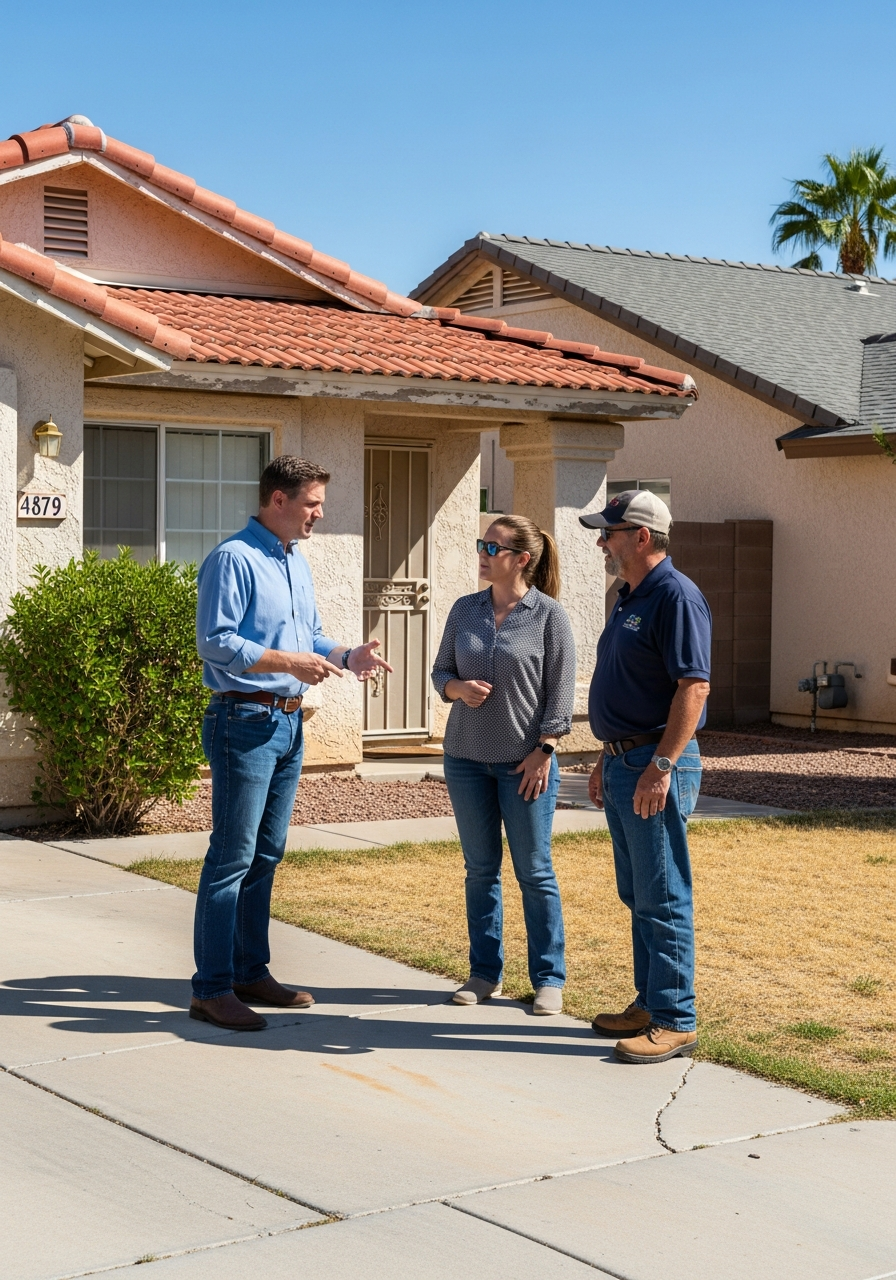 Realtor and investors discussing renovation outside a Las Vegas property