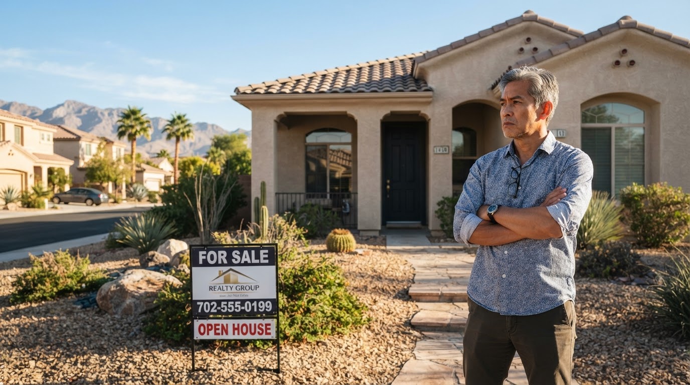 An Asian American man in his 50s standing thoughtfully in front of a Las Vegas home with a for-sale sign in the yard, arms crossed, studying the property with a serious analytical expression