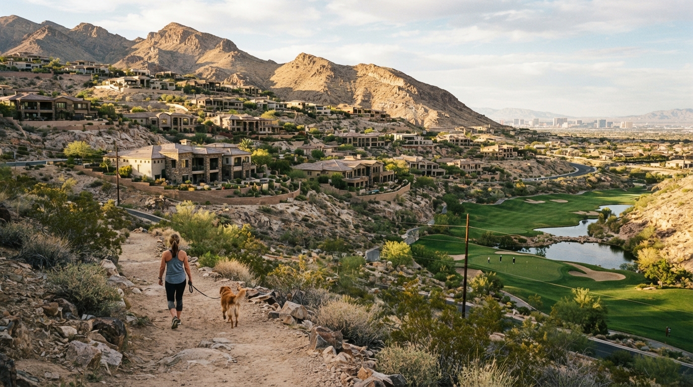 MacDonald Ranch and Seven Hills community in Henderson Nevada with hillside terrain, golf course, and mature desert landscaping at golden hour