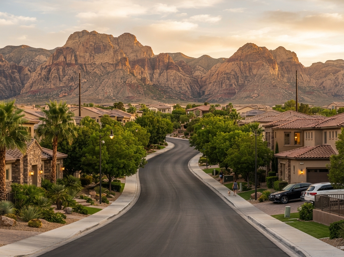 Summerlin Las Vegas neighborhood with tree-lined streets, upscale homes, and Red Rock Canyon mountains in the background at golden hour