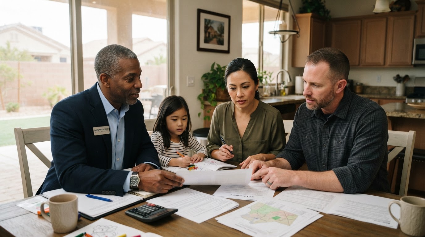 A Black male real estate professional sitting at a kitchen table with a diverse family reviewing property documents together in a Las Vegas home