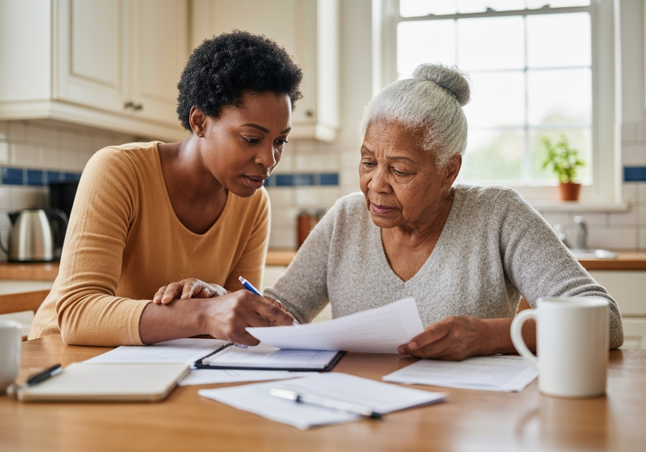 Adult daughter reviewing senior transition documents with elderly parent in Las Vegas home