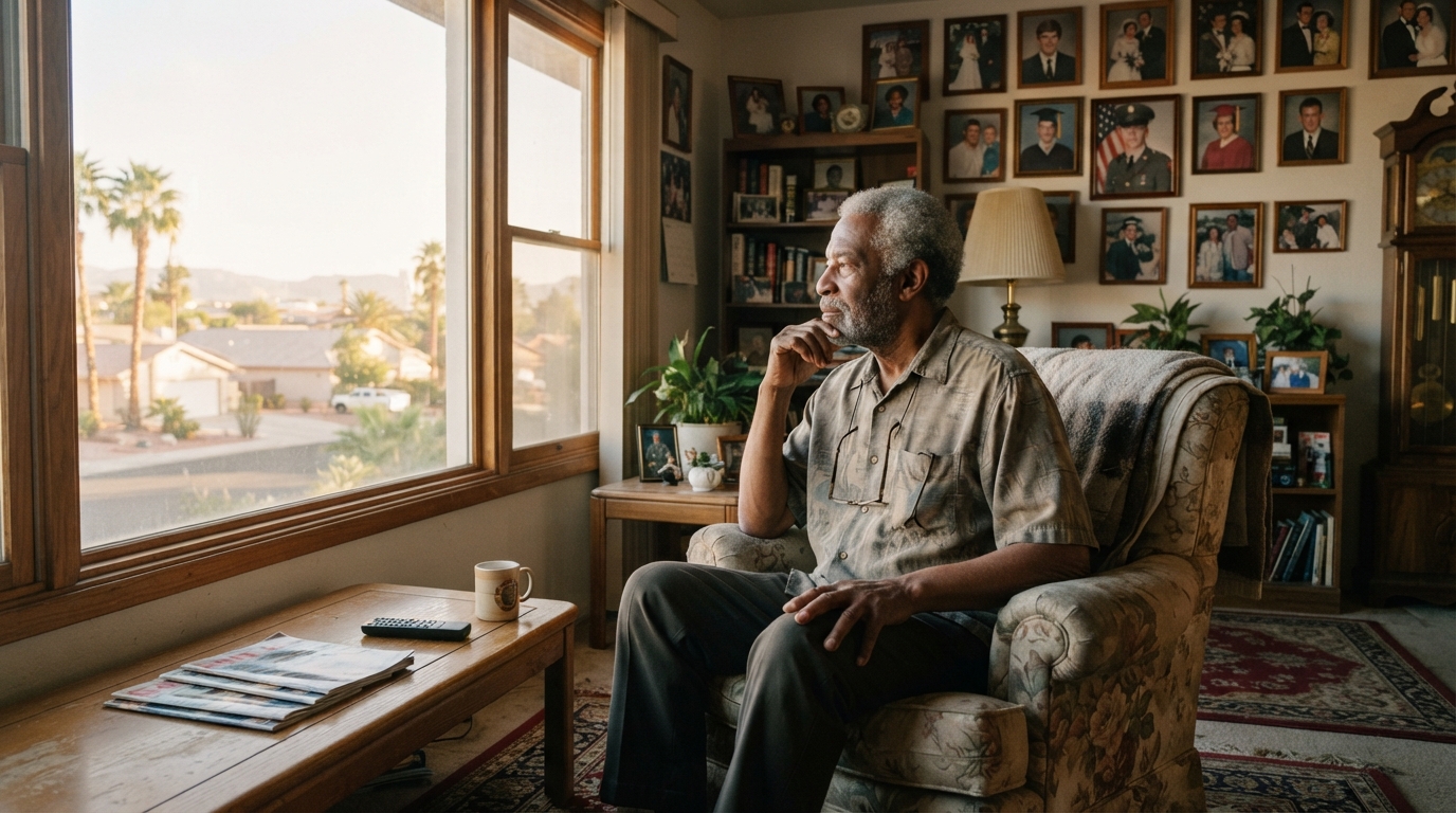 Elderly African-American man sitting in a comfortable Las Vegas living room looking out the window thoughtfully, reflecting on the family home