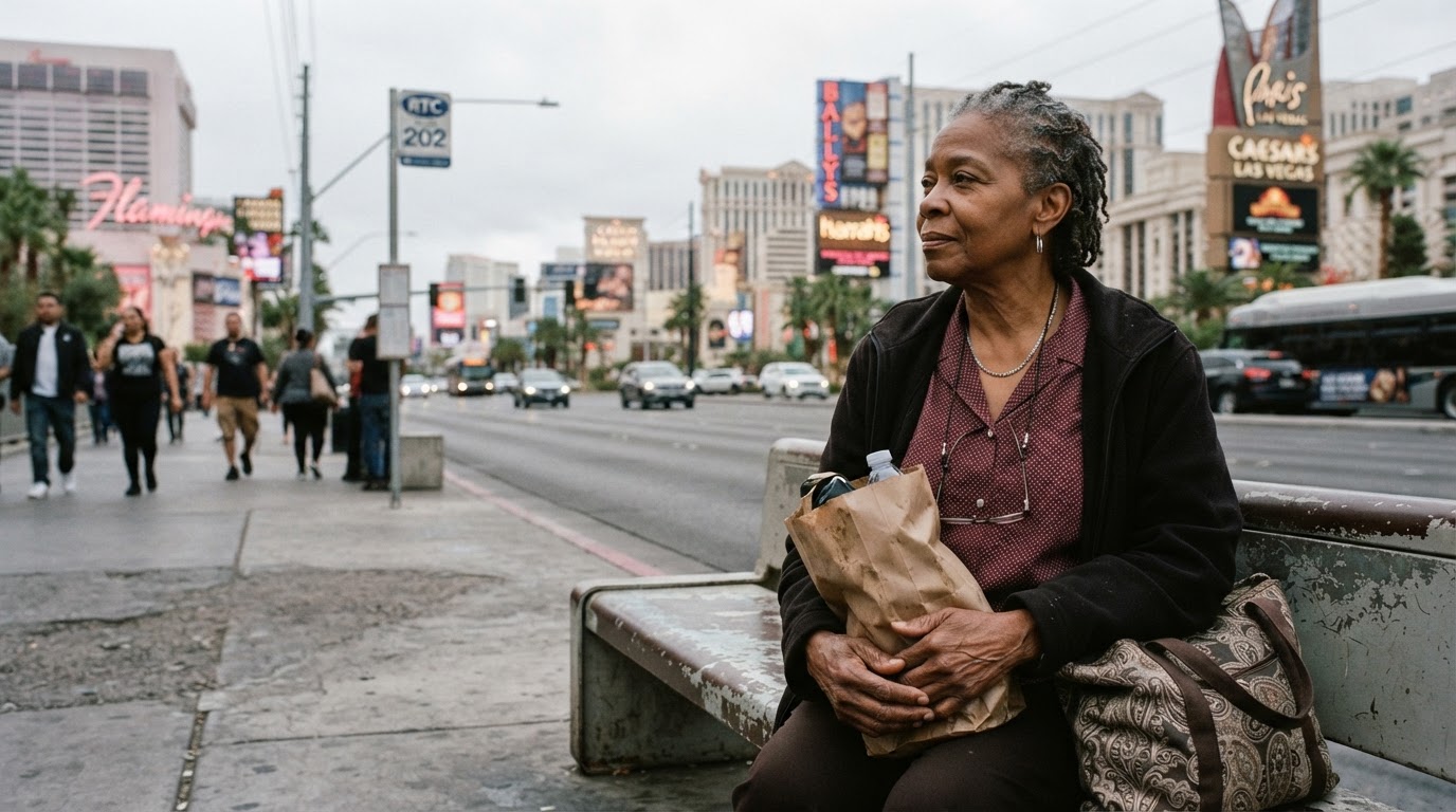 An older Black woman in her 60s sitting on a bus bench in Las Vegas, holding a paper bag with belongings, looking out at the city with a dignified, reflective expression